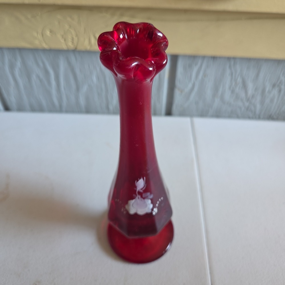 Fenton Ruby Red Swung Bud Crimped Glass Vase Hand-Painted Floral Artist Signed